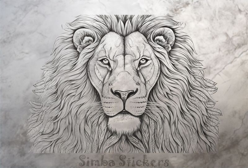 Majestic lion face with wide mane, outline art, baqmjy