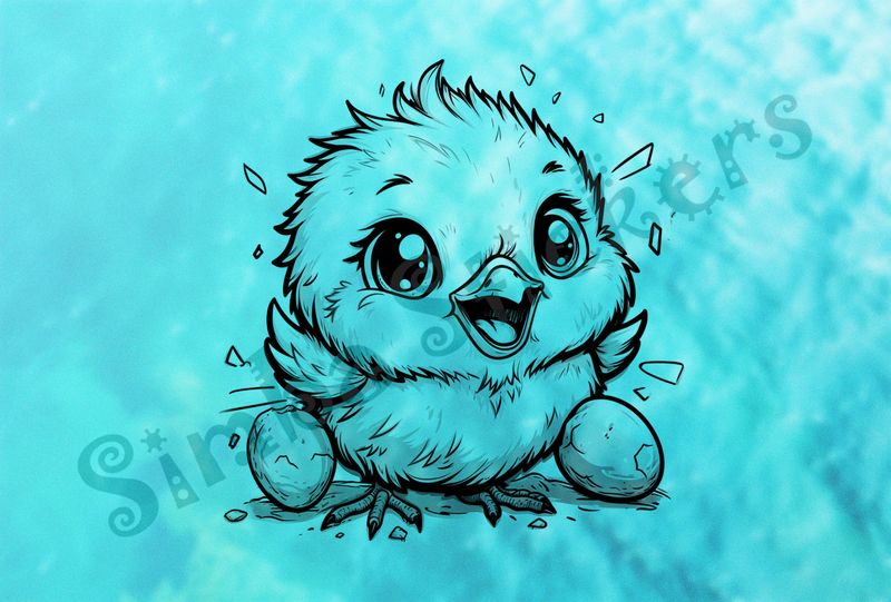 Chick just hatched, next to 2 smaller eggs, outline art