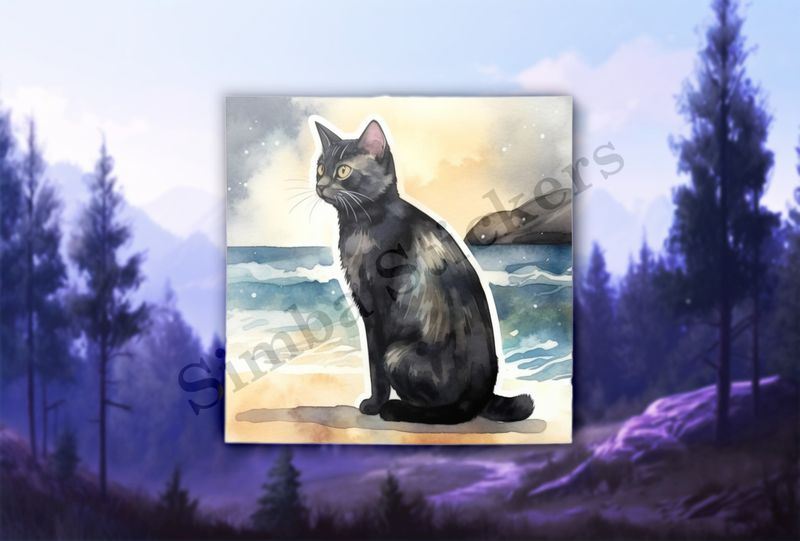 Cat, black, on the beach, watercolour