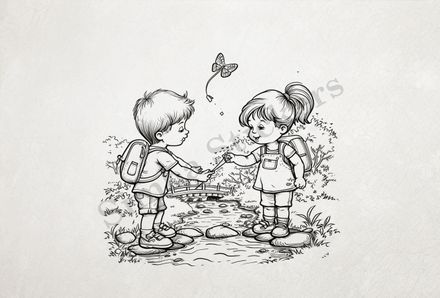 Boy and girl  standing on rocks in a shallow river, outline art