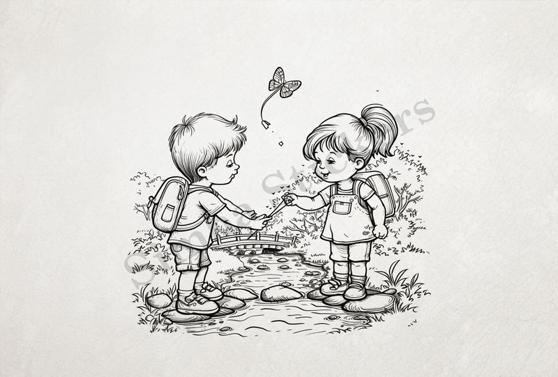 Boy and girl  standing on rocks in a shallow river, outline art