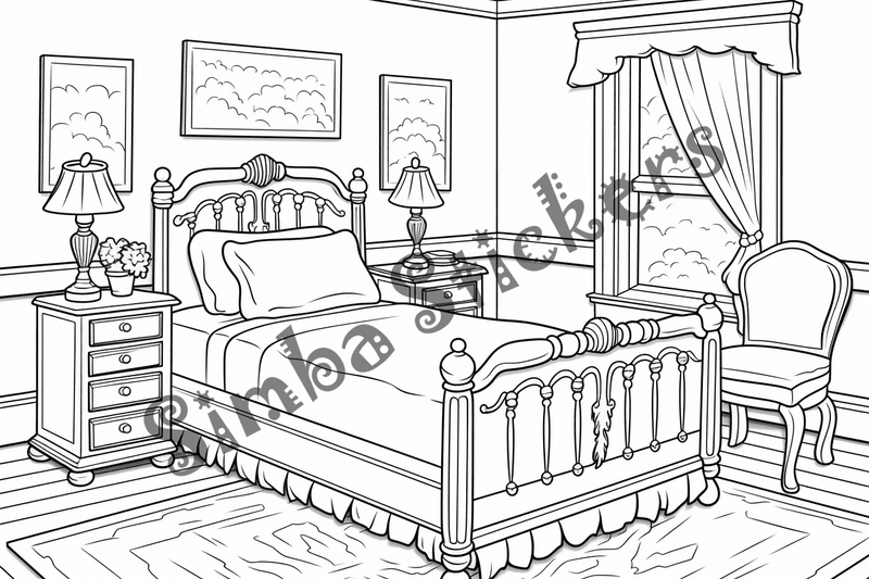 Colouring pages, bundle of house bedrooms, 25 images