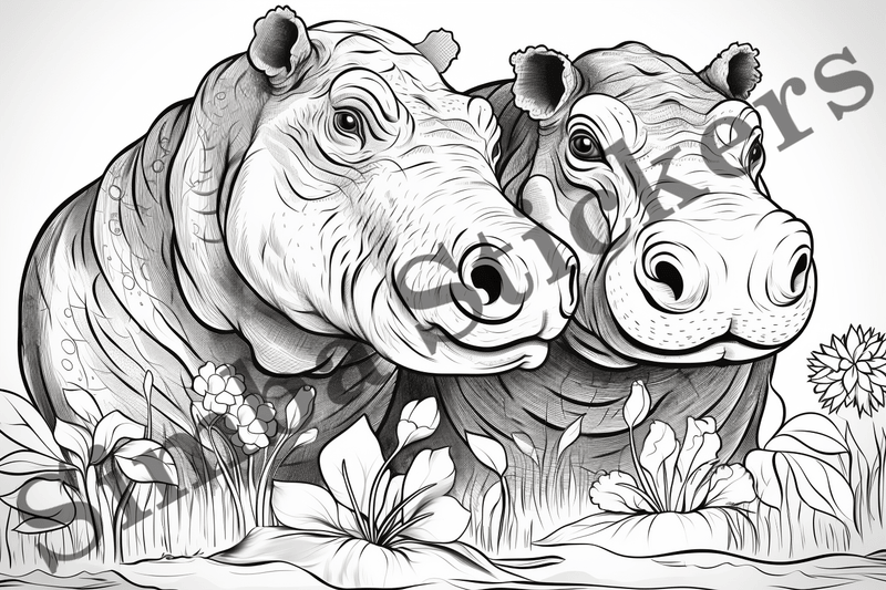 Colouring pages, Bundle of hippos in love, 10 images
