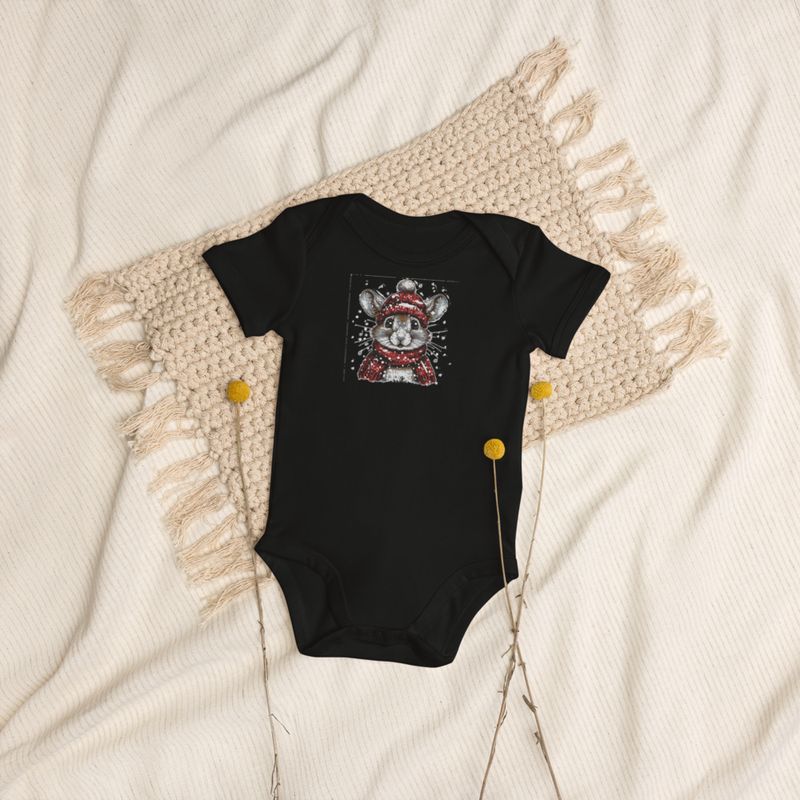 Embroidered Organic Cotton Baby Bodysuit, 3-18 Months, Elephant, face with large trunk and tusks