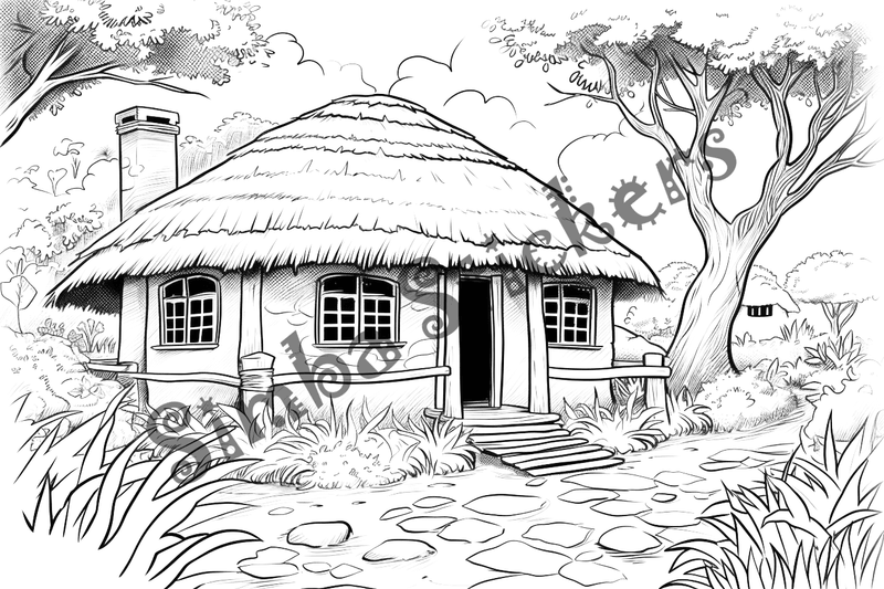 Colouring pages, bundle of houses, African thatched, 10 images