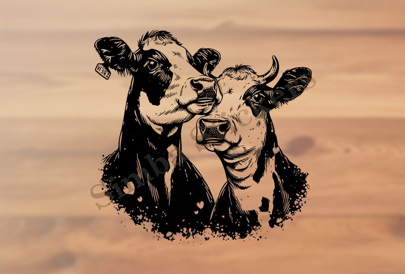 Cattle, bull and cow, both black and white  , outline art