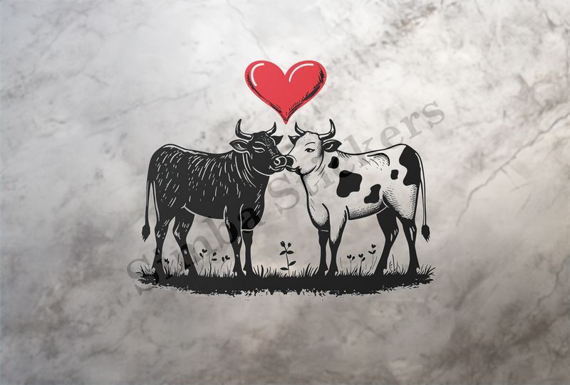 Bull and cow nose-to-nose romantically ,  outline art