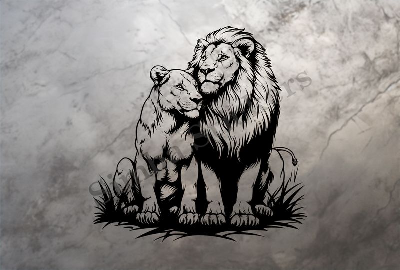 Majestic lion with lioness leaning into it ,  outline art