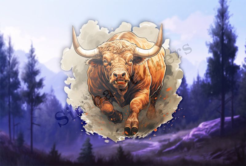 Bull running, oil painting