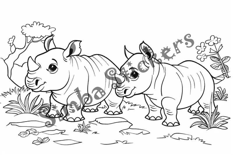 Colouring pages, bundle of rhino duos, 10 images
