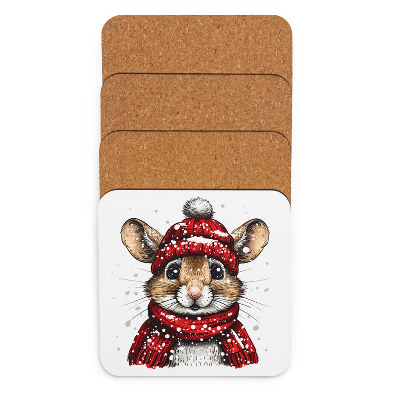 Cork-Back Coaster, Mouse wearing red winter hat and scarf in the snow, xg8dl3