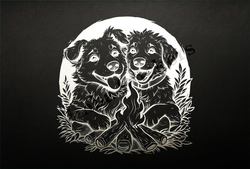 Dogs cuddling by the bonfire, outline art