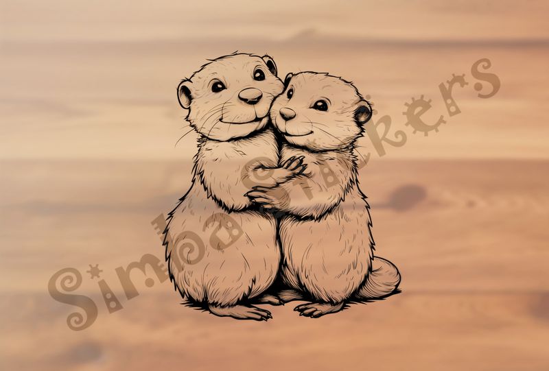 Beavers cuddling cheerfully in embrace, outline art