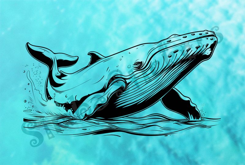 Whale almost completely above water, outline art