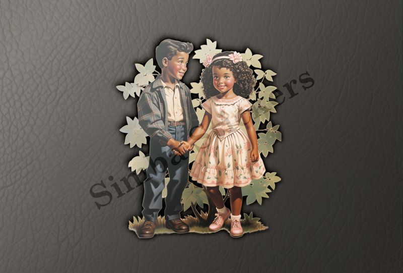 Boy and girls holding hands, leaves behind them