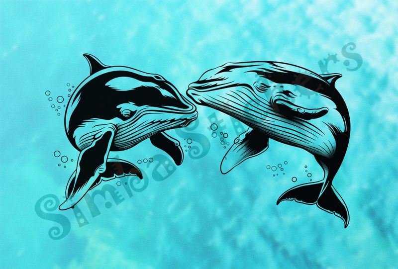 Whales nose-to-nose in love, with bubbles under water, outline art
