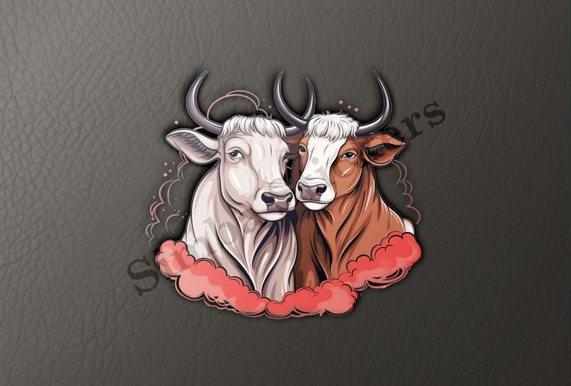 Bull and cow, romantic, reddish clouds, qoucds