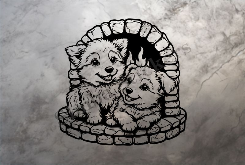 Dogs cuddling by the fireplace,  outline art