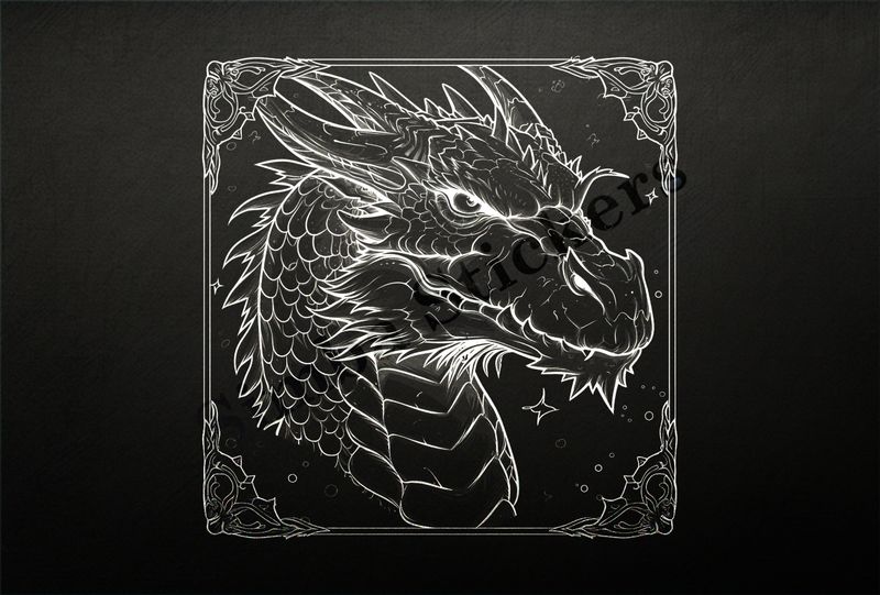 Angry-looking dragon, framed, outline art