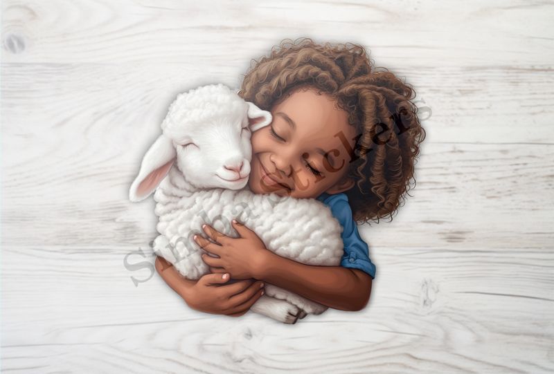 Sheep being hugged by happy girl with frizzy hair