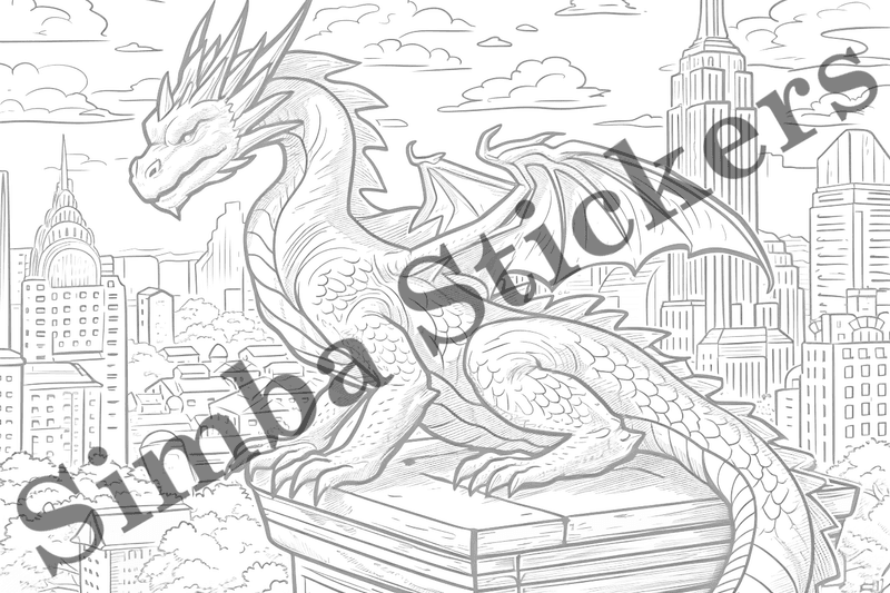 Colouring pages, bundle of dragons in cityscape, 10 images