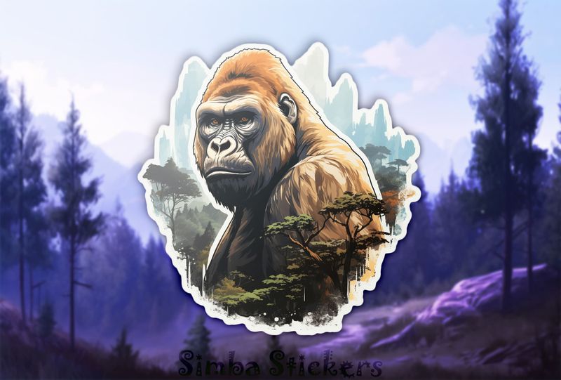 Sad gorilla with forest foreground, woftzi