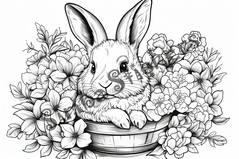 Colouring pages, bundle of rabbits in leaves or flowers, 10 images