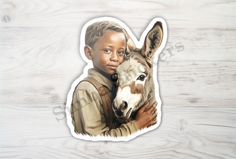 Donkey hugged by small child of African origin