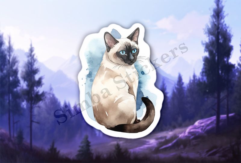 Siamese cat sitting, watercolour