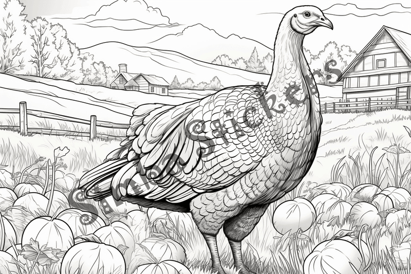 Colouring pages, bundle of turkeys on a farm, 25 images