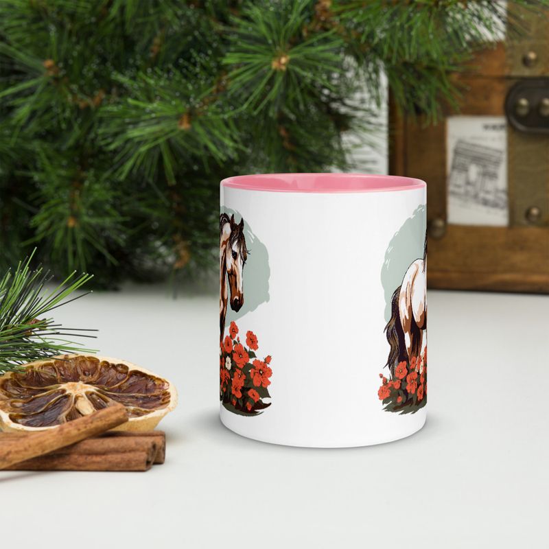 White Ceramic Mug with Color Inside, 11&amp;15oz, Brown horse in field of red flowers, n4w2fj
