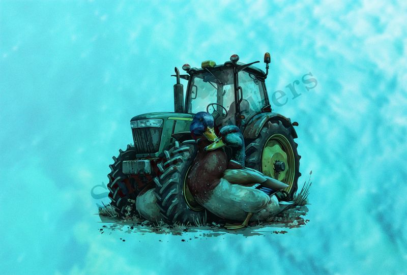 Ducks cuddling in front of farmer&#x27;s green tractor