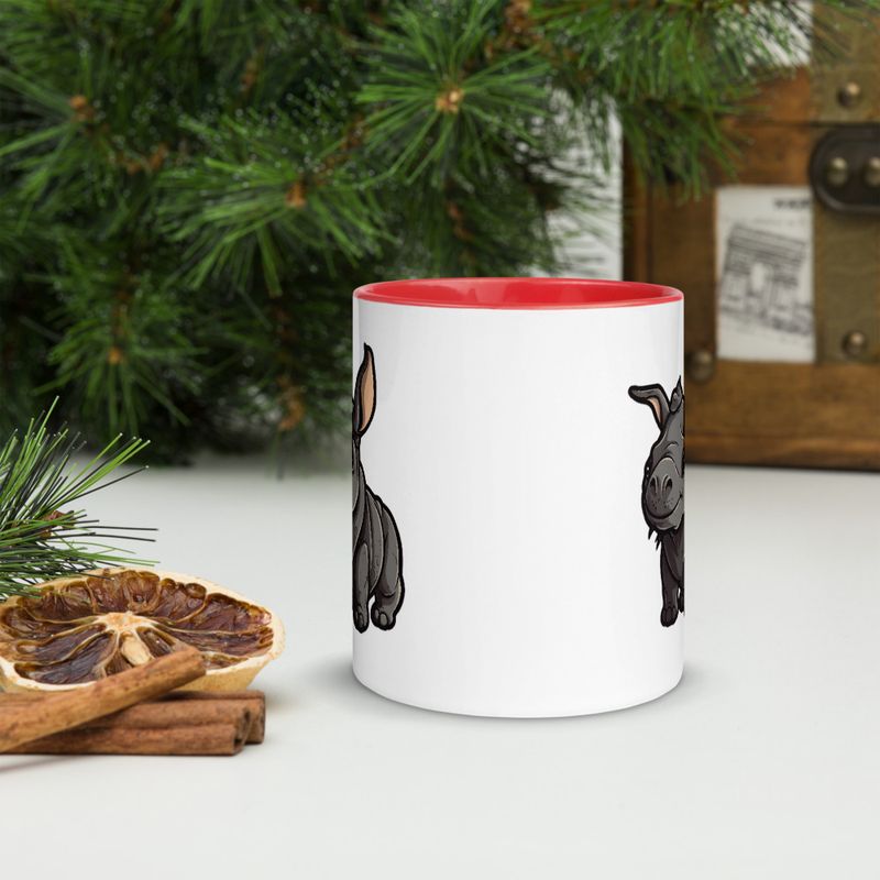 White Ceramic Mug with Color Inside, 11oz &amp; 15oz, Black rhino calf looking cute 