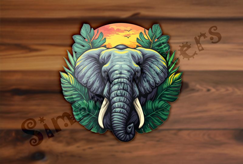 Elephant emerging from green leaves in front of golden sunset