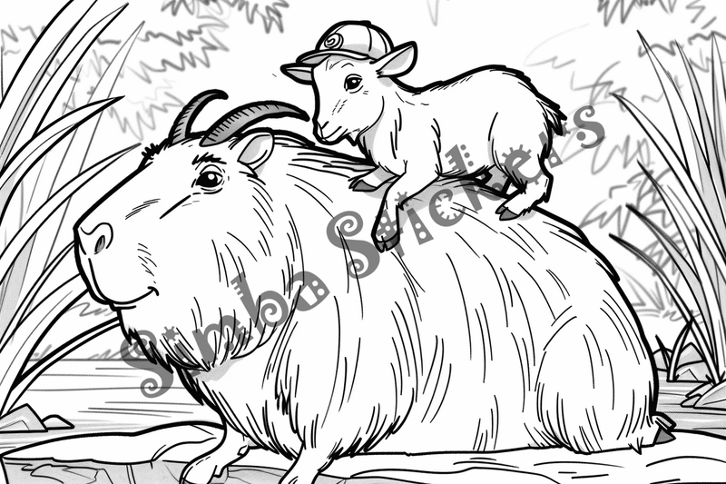Colouring pages, bundle of capybaras with animals on back, 10 images
