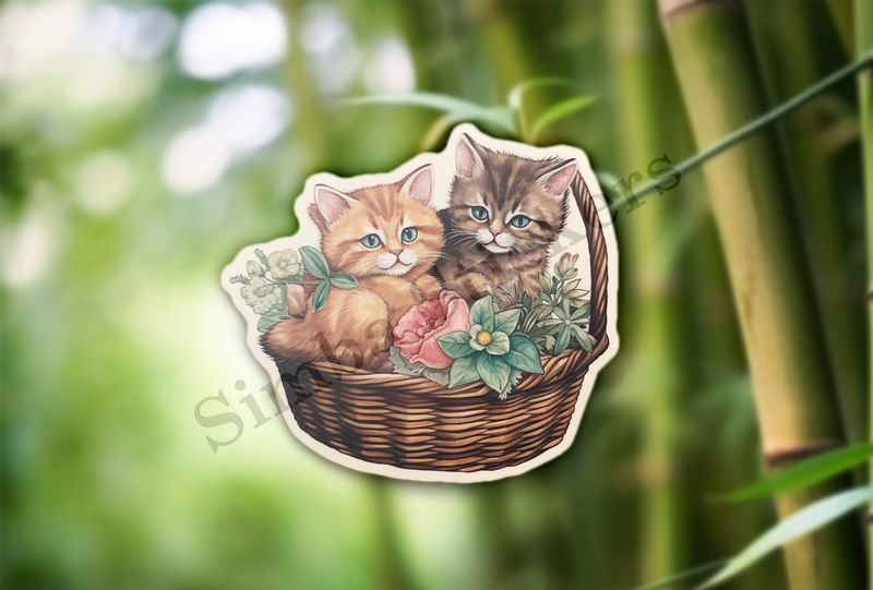 Cat kittens in a basket, vintage watercolour
