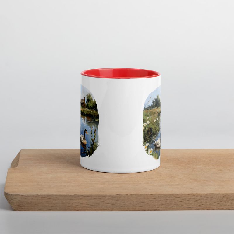 White Ceramic Mug with Color Inside, 11 &amp;15oz, Ducks in love swimming in farmhouse pond 