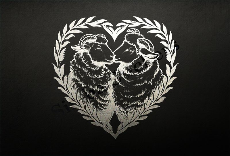 Sheep in love, in hear-shaped wreath, outline art