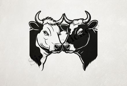 Bull and cow nose-to-nose , hearts floating above outline art