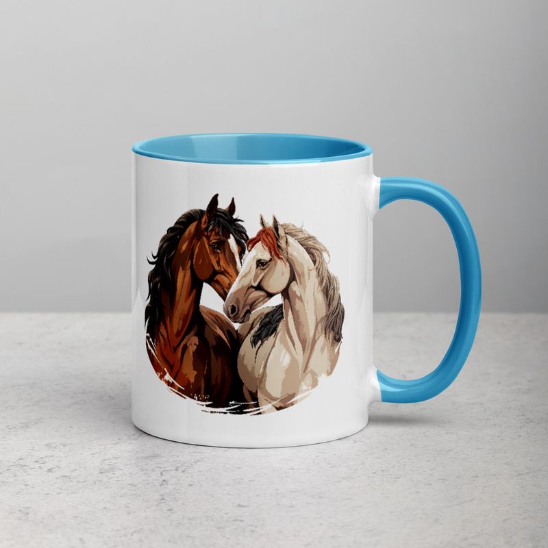 White Ceramic Mug with Color Inside, 11&amp;15oz, Horses nose-to-nose, jbgjpy