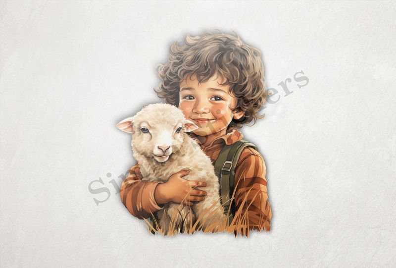 Lamb in arms of small boy of Asian origin, vintage
