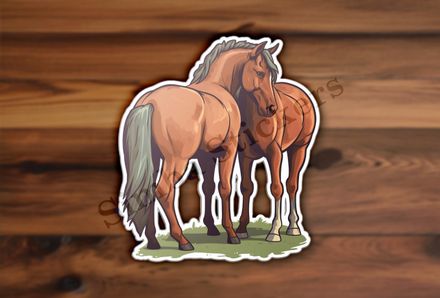 Two brown horses on green grass