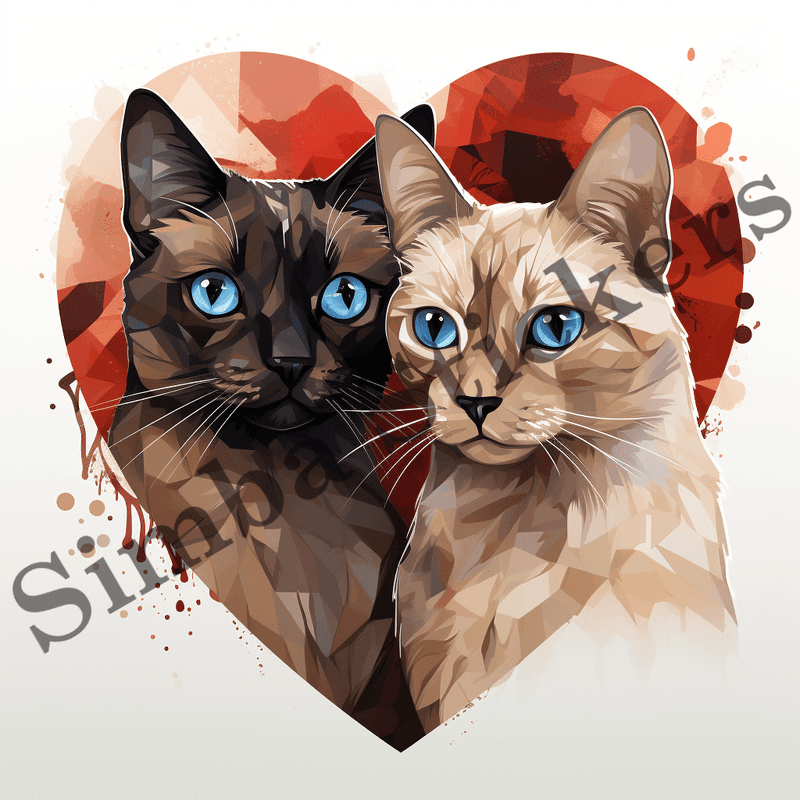 Tonkinese cats in love, watercolour, image set, 10 images