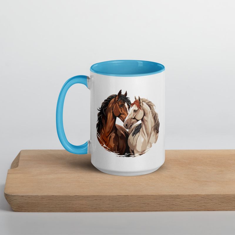 White Ceramic Mug with Color Inside, 11&amp;15oz, Horses nose-to-nose, jbgjpy
