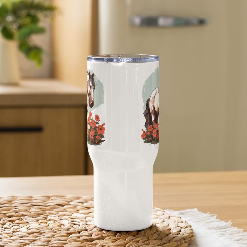 Travel Mug, Cattle, Brown horse in field of red flowers, n4w2fj