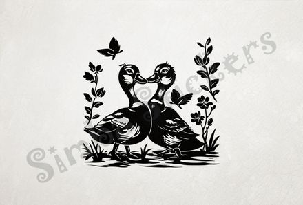 Ducks beak-to-beak, butterflies around them, outline art