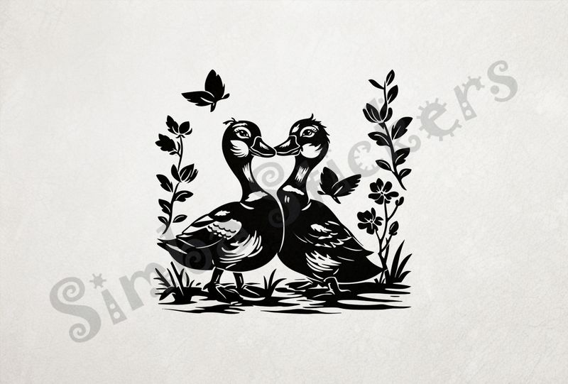 Ducks beak-to-beak, butterflies around them, outline art