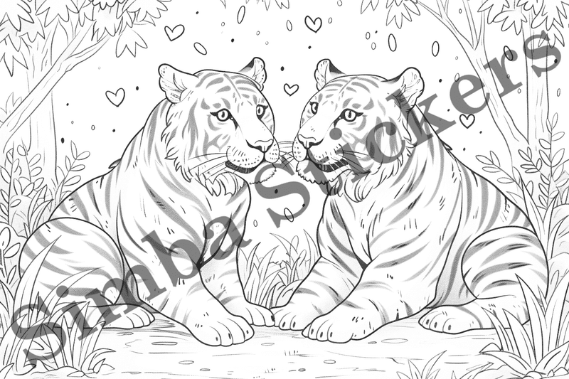 Colouring pages, bundle of tigers in love, 10 images