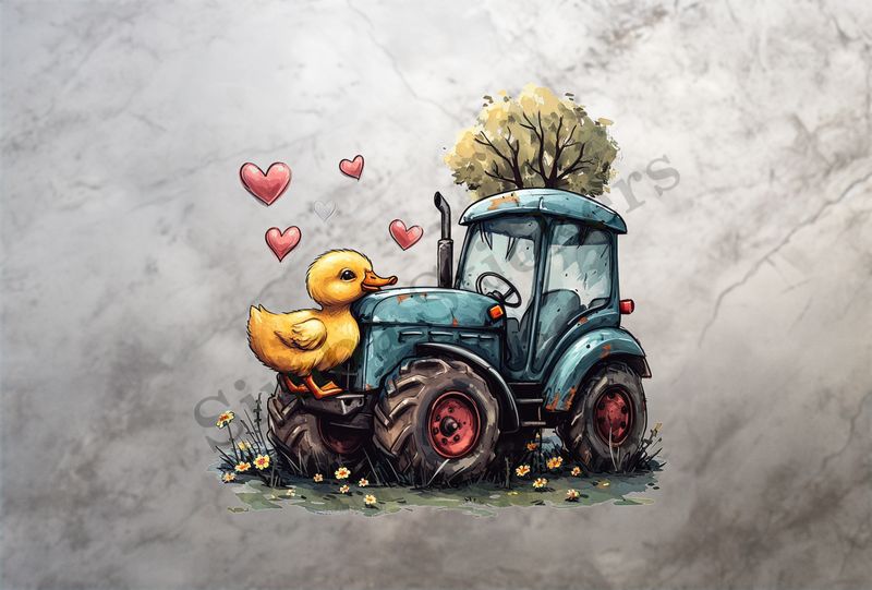 Duckling with chin over farmer&#x27;s tractor