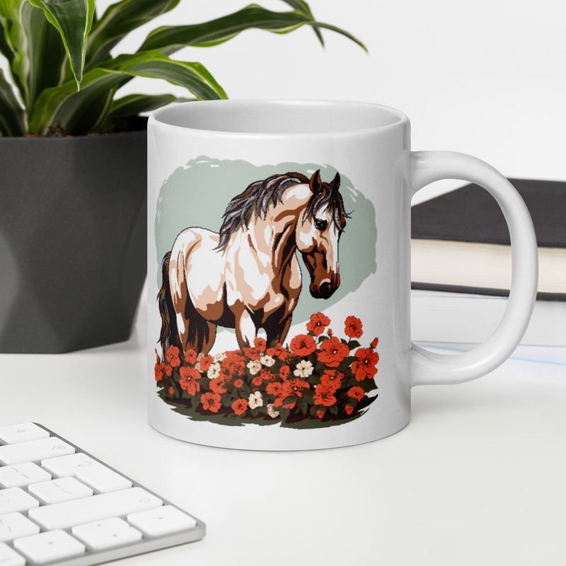 White Glossy Mug, 20oz, Brown horse in field of red flowers, n4w2fj